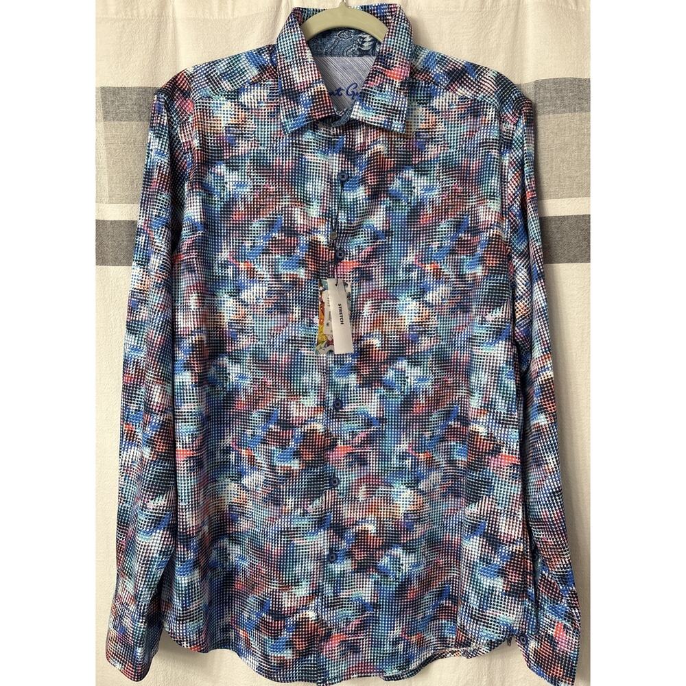 NWT Robert Graham Outer Banks Mens Medium Button Up Shirt Pixelated Stretch